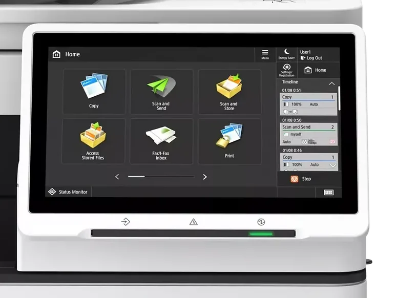 Close-up of Canon imageRUNNER ADVANCE DX C478iF's touchscreen interface